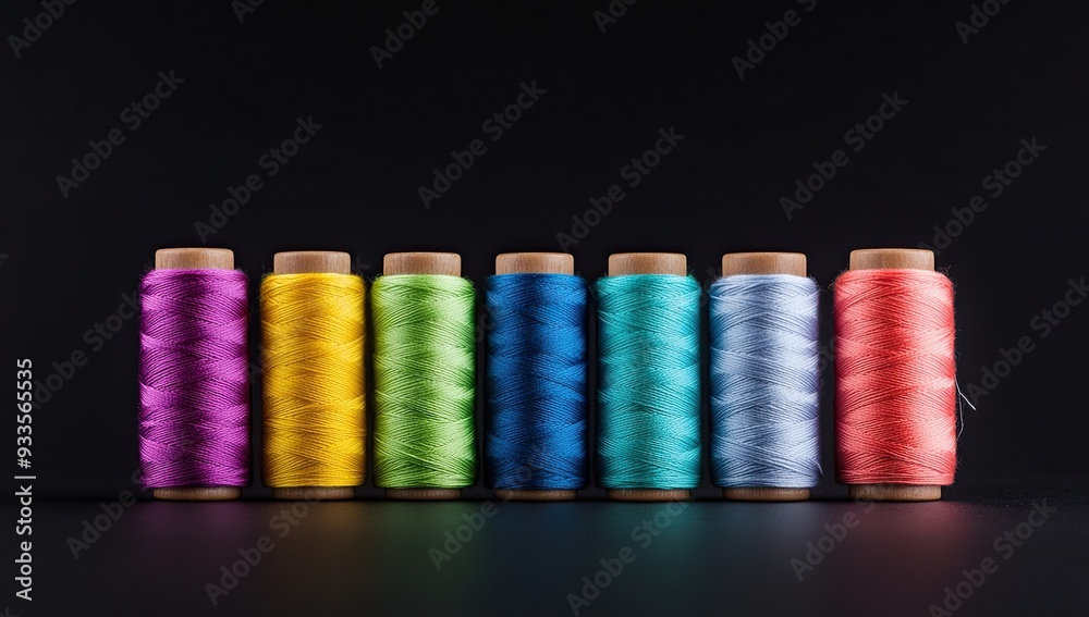 Colorful thread spools neatly arranged in a line on black background Colorful thread spools neatly arranged in a line on black background