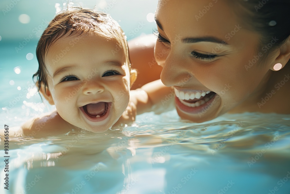 A joyful mother and baby enjoying a playful moment in the pool together A joyful mother and baby enjoying a playful moment in the pool together