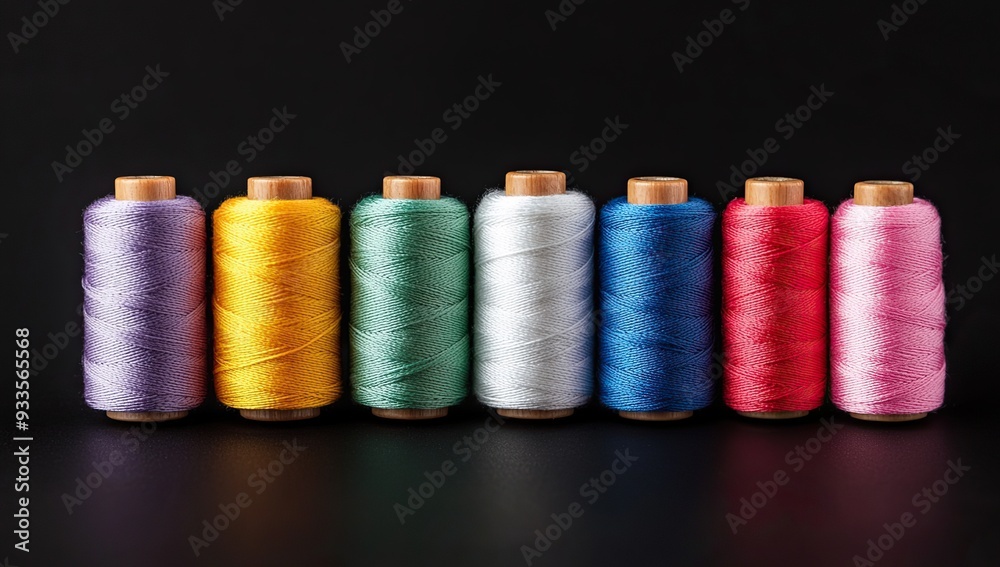 Spools of colorful thread lined up against a black background Spools of colorful thread lined up against a black background