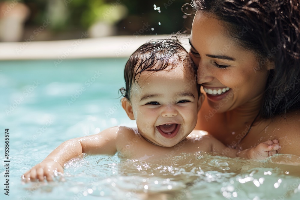 A joyful mother and baby enjoying a playful moment in the pool together