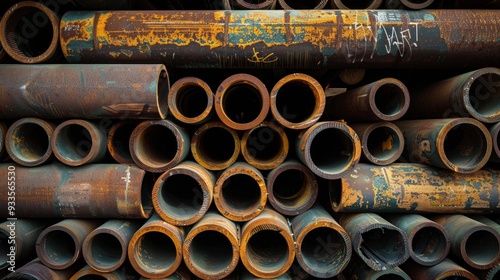 The image shows a collection of old rust-coloured metal pipes. They are stacked horizontally, with no people in sight. The atmosphere is moody, hinting at desolation.