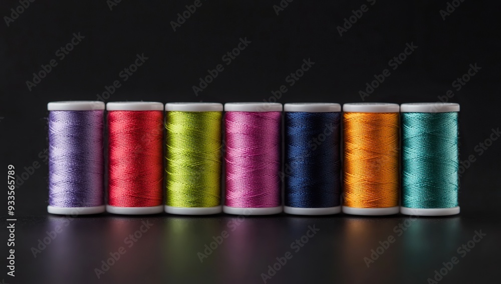 Colorful spools of thread arranged in a row on a black background Colorful spools of thread arranged in a row on a black background
