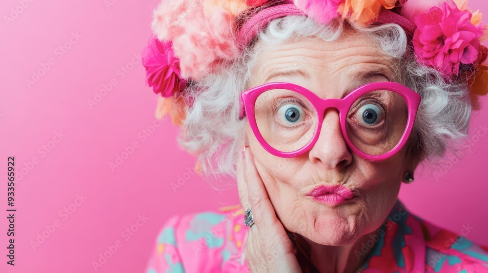 Elderly woman with colorful glasses and flowers on pink background Elderly woman with colorful glasses and flowers on pink background