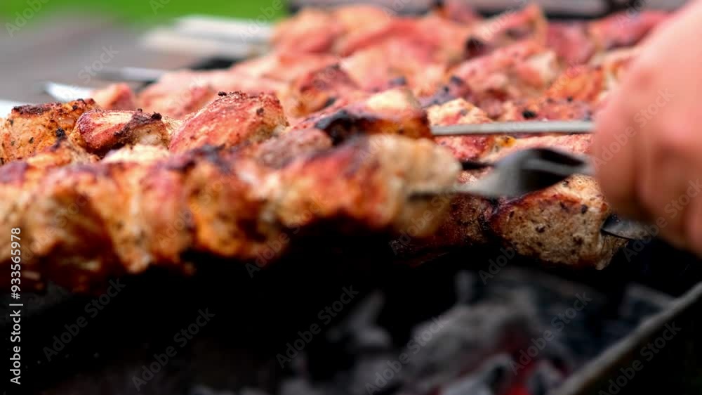 Close-up of sizzling kebabs on skewers grilling over an open flame. Perfect for showcasing outdoor cooking and barbecue flavors. Close-up of sizzling kebabs on skewers grilling over an open flame. Perfect for showcasing outdoor cooking and barbecue flavors.