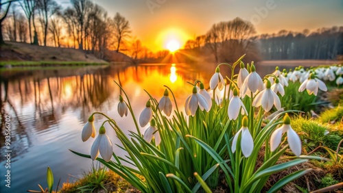 Schneegl?ckchen am Bachufer der Einbecker Ilme leuchten im Sonnenuntergang, Snowdrops, riverbank, Einbecker Ilme, sunset photo