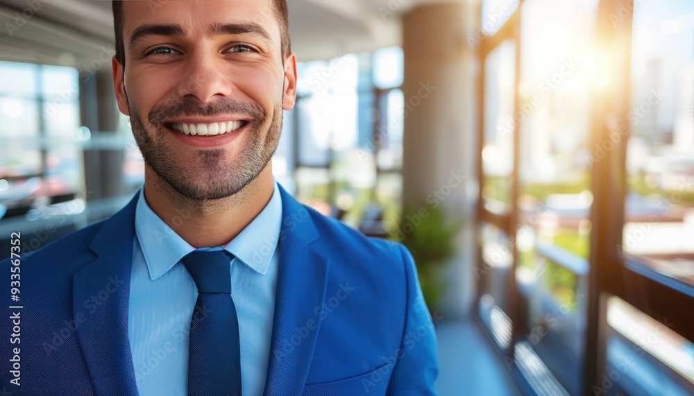 Close-up of a blue-suited businessman smiling at the camera, with a blurred modern office and cityscape background, copy space on the right. Close-up of a blue-suited businessman smiling at the camera, with a blurred modern office and cityscape background, copy space on the right.