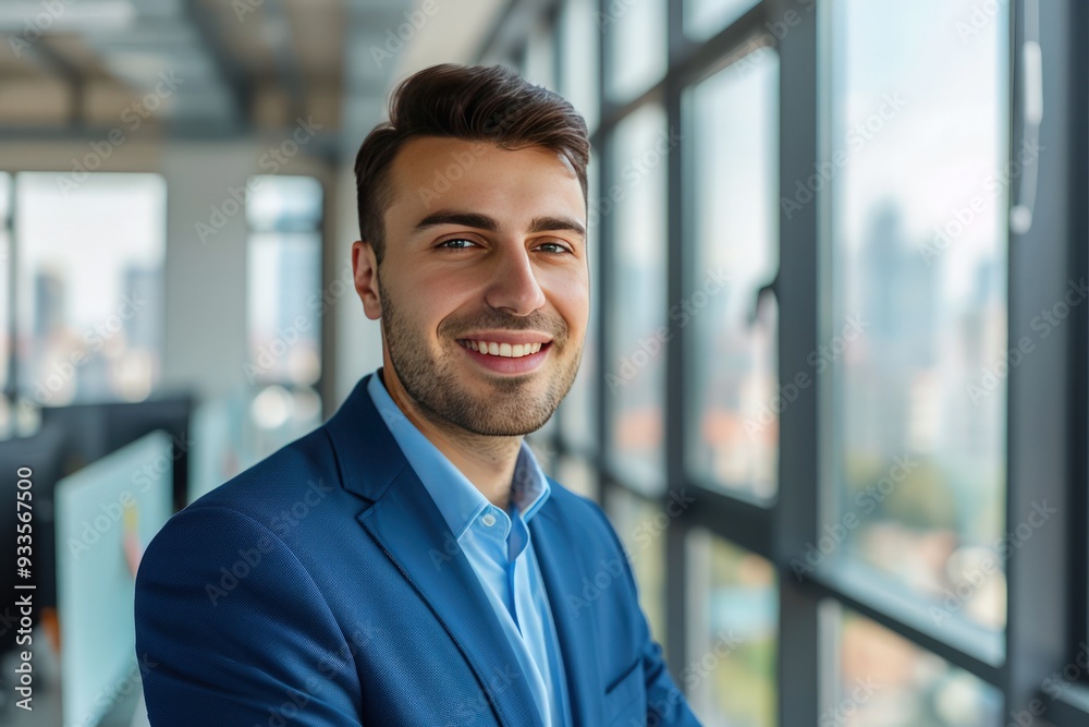 Close-up of a businessman in a blue suit, smiling at the camera, standing against a modern office background with panoramic windows and cityscape view, copy space on the right. Close-up of a businessman in a blue suit, smiling at the camera, standing against a modern office background with panoramic windows and cityscape view, copy space on the right.