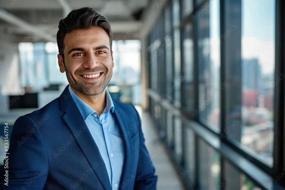 Close-up of a businessman in a blue suit, smiling at the camera, standing against a modern office background with panoramic windows and cityscape view, copy space on the right. Close-up of a businessman in a blue suit, smiling at the camera, standing against a modern office background with panoramic windows and cityscape view, copy space on the right.
