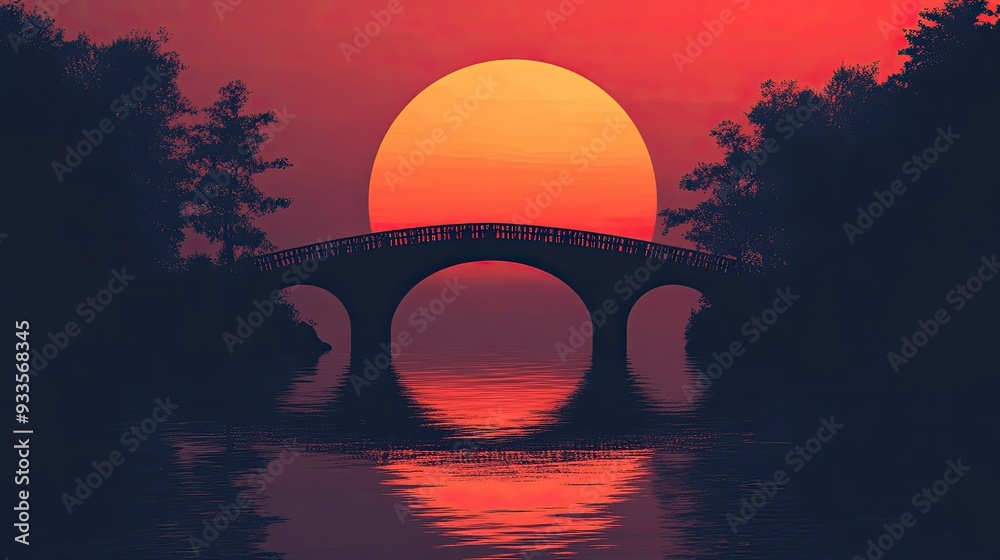 Obraz premium A solitary medieval bridge silhouetted against a gradient sunset, with clean lines and minimal detail