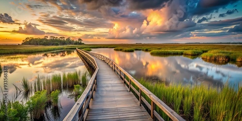 - Marsh Panorama: Expansive boardwalk through marshes, muted colors, panoramic views, calming mood