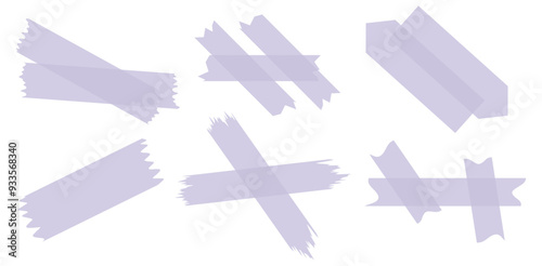 Set of purple semi-transparent washi tapes isolated on white. Washi tapes collection in vector. Pieces of decorative tape for scrapbooks. Torn paper	