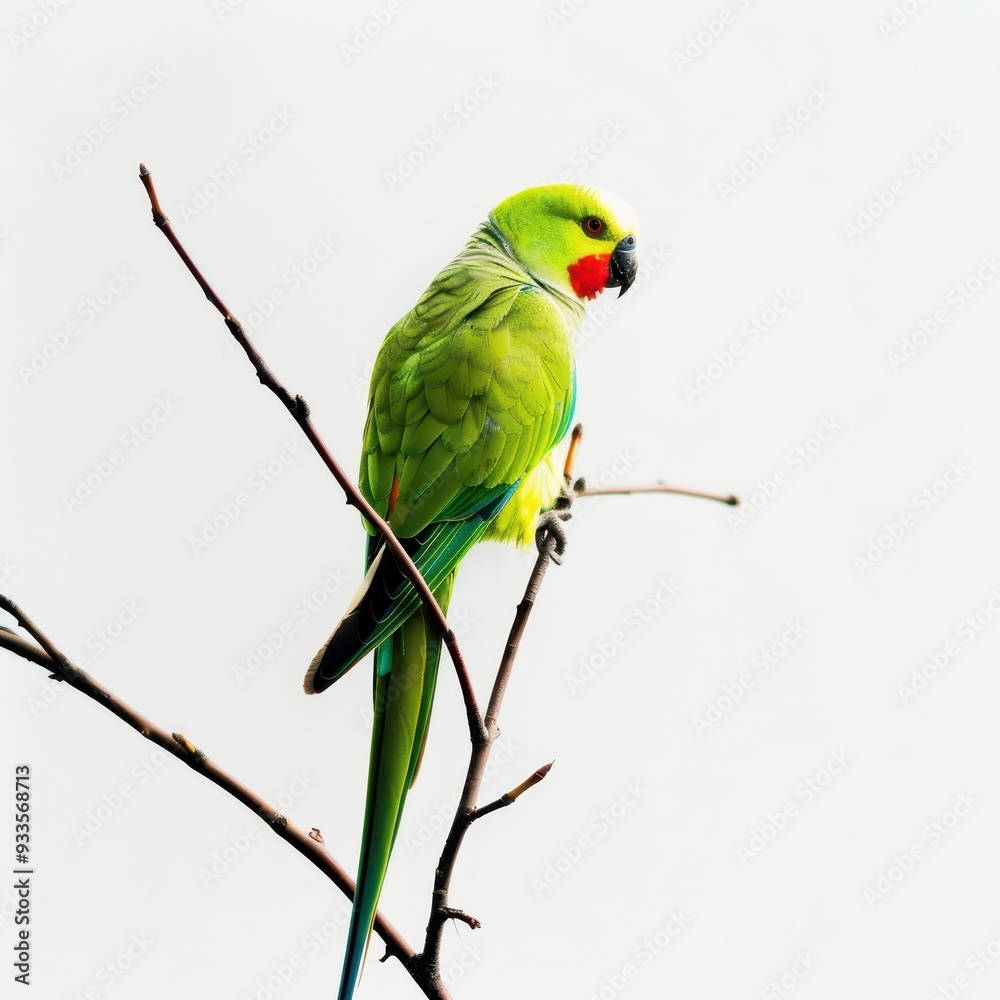 Emerald Elegance: A solitary green parrot, adorned with a splash of red, finds perfect poise on a bare branch against a stark white backdrop. Emerald Elegance: A solitary green parrot, adorned with a splash of red, finds perfect poise on a bare branch against a stark white backdrop.