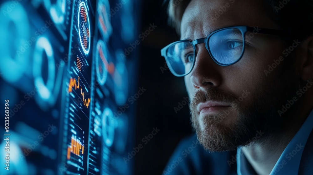 A Man in Glasses Focusing on a Data Screen A Man in Glasses Focusing on a Data Screen