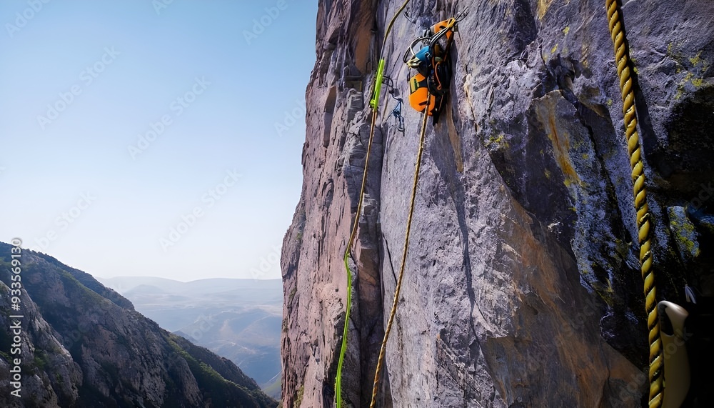 Rope hanging from mountain rock cliff edge extreme outdoor climbing ...