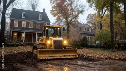 A bulldozer works to plow wet, muddy ground on a country road, surrounded by houses and trees on a rainy autumn day with bright yellow lights
