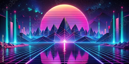 Neon Vaporwave Glitch: Electric blues and pinks, geometric shapes, pixel distortions, futuristic and nostalgic photo