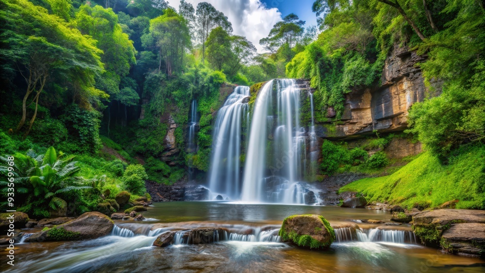 Peguche waterfall flowing in a lush forest setting , Waterfall, River source, Forest, Lake, Nature, Mountains, Trees Peguche waterfall flowing in a lush forest setting , Waterfall, River source, Forest, Lake, Nature, Mountains, Trees