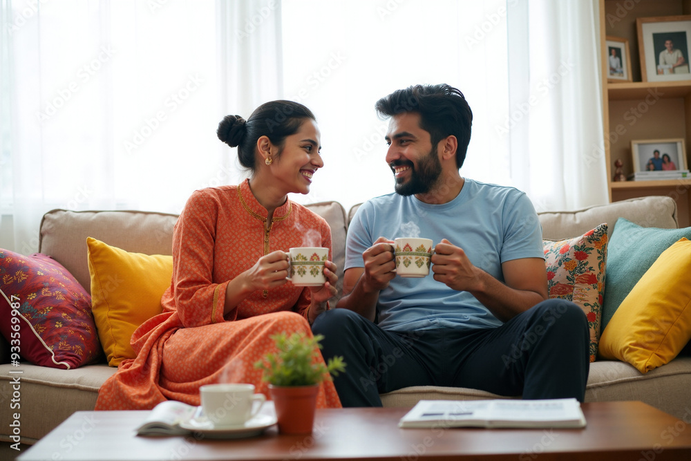 Joyful Hindu Couple Sharing Coffee: Perfect for Ads on Home Decor, Relationship Wellness, or Coffee Brands