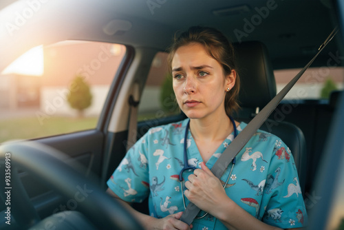 Exhausted Nurse in Car After Shift: Healthcare Worker Fatigue and Work-Life Balance in Medical Profession photo