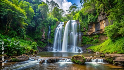 Peguche waterfall flowing in a lush forest setting , Waterfall, River source, Forest, Lake, Nature, Mountains, Trees