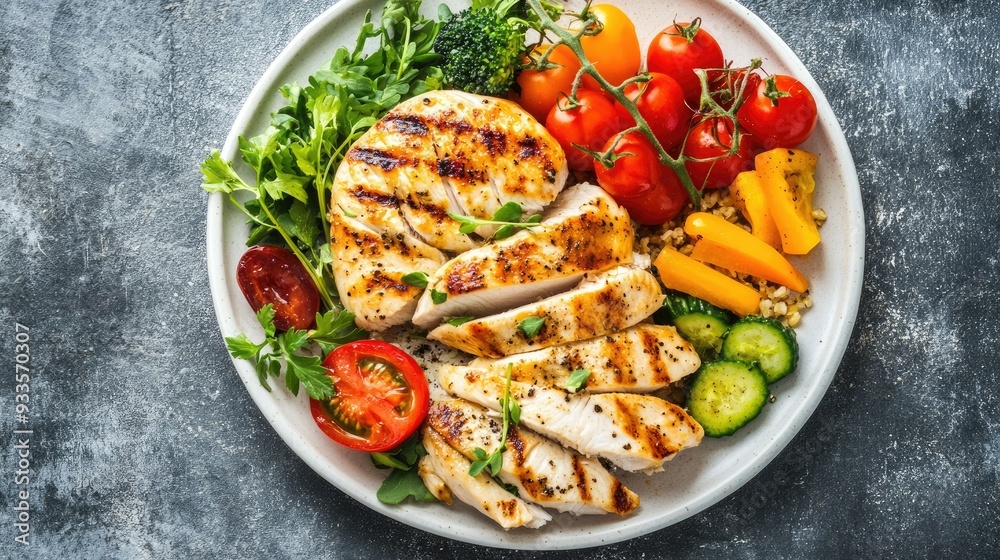 A straightforward image of a plate with a portion of lean proteins, such as fish or chicken, paired with vegetables and a whole grain, ideal for healthy meal concepts. A straightforward image of a plate with a portion of lean proteins, such as fish or chicken, paired with vegetables and a whole grain, ideal for healthy meal concepts.