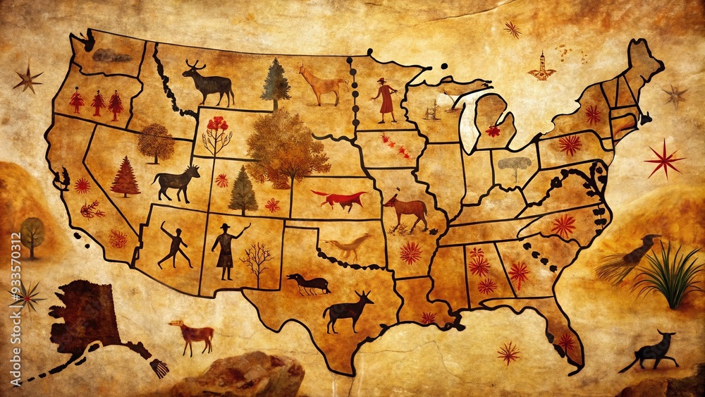 Naklejka premium Paleolithic Panorama: USA map with a prehistoric aesthetic, featuring cave drawings and ancient symbols that connect the country to its indigenous roots.