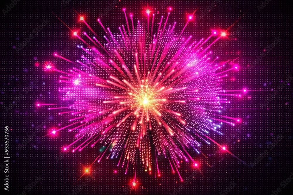 Obraz premium Pixelated Magenta Fireworks: Sharp lines and colorful pixels form abstract fireworks, creating a digital and dynamic display.