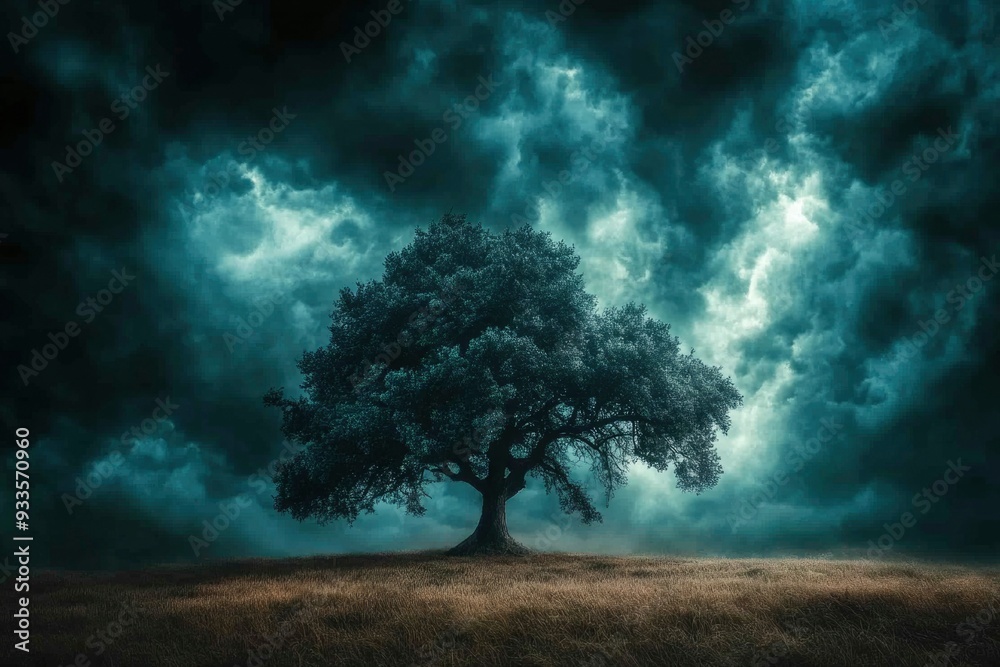 A Single Tree Standing Alone in a Field with Stormy Clouds A Single Tree Standing Alone in a Field with Stormy Clouds