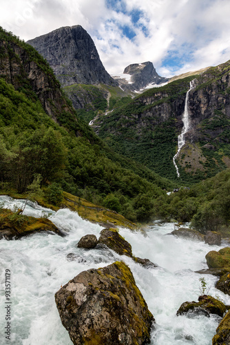 View of the Kleivafossen Waterfall near Briksdal Glacier in Norway.