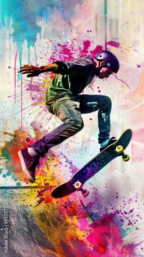 Skateboarder in Motion: A vibrant watercolor illustration captures the energy and freedom of a skateboarder in mid-air, defying gravity with a daring trick, phone wallpaper