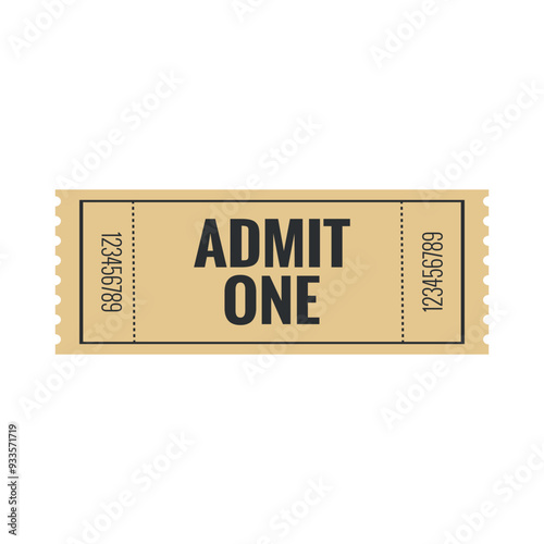 Beige retro ticket for circus, concert, boarding, lottery, movie, casino, theater, cinema, carnival, voucher on white isolated background. Admit one ticket template.
