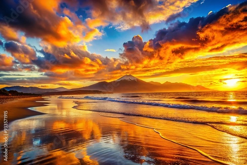 Seascape Solstice: Vibrant sunset hues casting long shadows on the beach, distant mountain silhouettes, dramatic lighting, awe-inspiring, bold oranges and yellows.