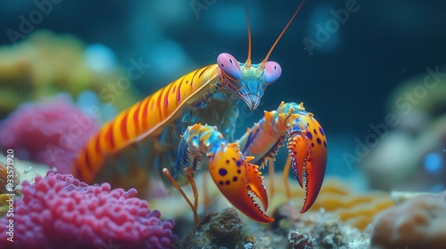 4K Realistic Colorful mantis shrimp in defensive pose, coral reef,