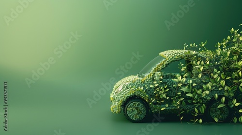 A green car made of leaves and plants, symbolizing eco-friendliness and sustainability.