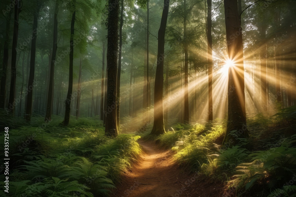 Sunbeams Illuminating a Path Through a Foggy Forest Sunbeams Illuminating a Path Through a Foggy Forest