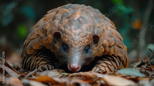 4K Realistic Elusive pangolin curled into defensive ball, forest floor, photo