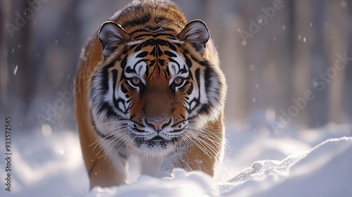 4K Realistic Fierce Siberian tiger trudging through snowy taiga, photo