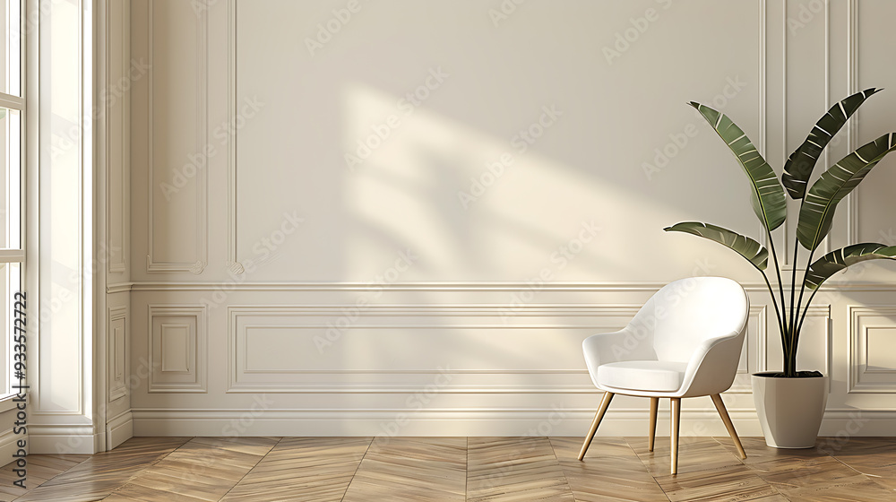 A white chair with wooden legs sits in a room with white walls and a potted plant, sunlight streams in through a window, casting shadows on the floor. A white chair with wooden legs sits in a room with white walls and a potted plant, sunlight streams in through a window, casting shadows on the floor.