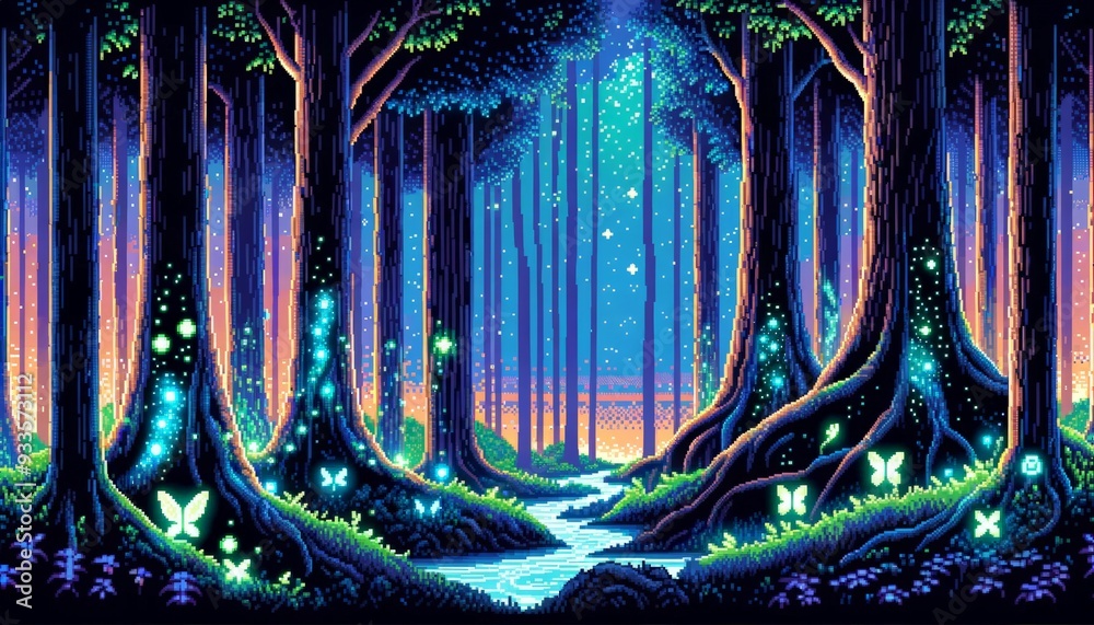 Naklejka premium Enchanted Forest's Glowing Stream: A vibrant, magical forest scene with a glowing stream, fireflies, and butterflies, evoking a sense of wonder and enchantment. 
