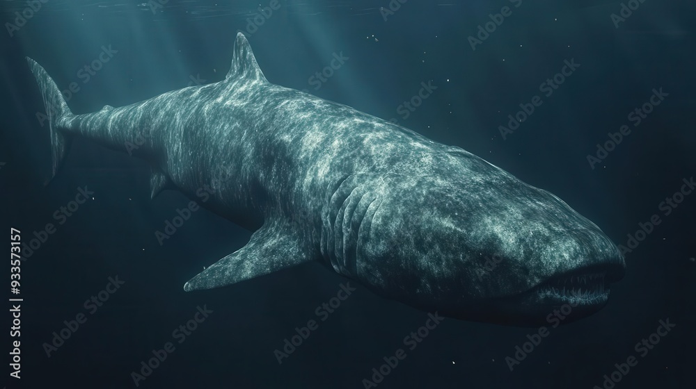 Naklejka premium 4K Realistic Massive Greenland shark in deep Arctic waters,