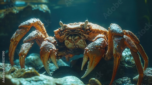 4K Realistic Massive Japanese spider crab in deep ocean habitat,