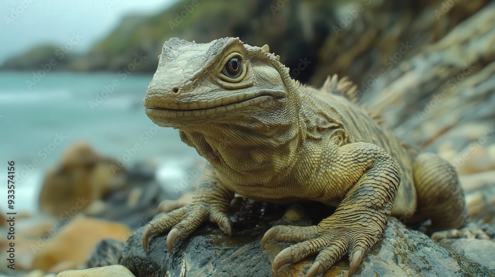 Fototapeta premium 4K Realistic Prehistoric-looking tuatara on rocky New Zealand coast,