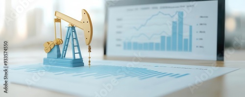 Concept of oil industry with miniature rig and financial charts showcasing market trends and data analysis.