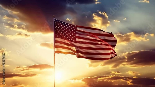 The American flag waving in the wind with a beautiful sunset in the background. Perfect for patriotic or political projects