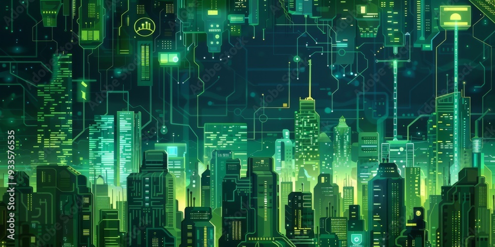 Obraz premium Futuristic Smart Cyber City illustration: Innovative Urban Landscape, futuristic technology and cyber punk concept, Graphic Resources, Wallpapers, Brochure, Websites, banner, Advertising, background