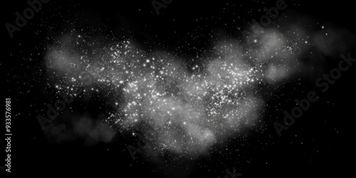 Fantastic smoke background. Magic smoke with glitter and small particles of twinkling stars, fog with glowing particles, gray vapor with stardust. Vector illustration. 