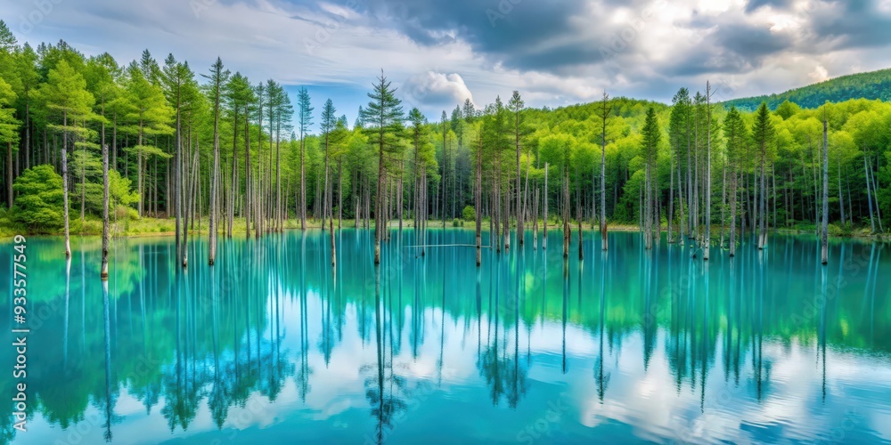 Tranquil blue pond surrounded by lush greenery in summer Biei, Hokkaido, Japan, beautiful, blue pond, aoi-ike, summer, Biei Tranquil blue pond surrounded by lush greenery in summer Biei, Hokkaido, Japan, beautiful, blue pond, aoi-ike, summer, Biei