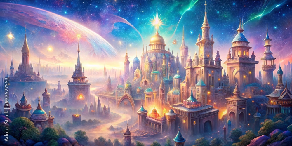 Dreamy worm's eye view perspectives soft pastel gradient colors fantastical cities mystical architecture celestial bodies shimmering starlight Dreamy worm's eye view perspectives soft pastel gradient colors fantastical cities mystical architecture celestial bodies shimmering starlight