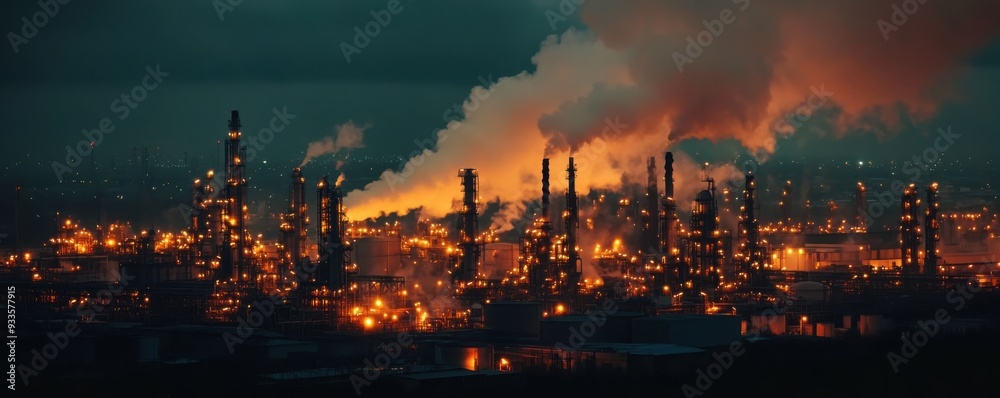 A night view of an illuminated gas refinery with glowing lights and smoke, showcasing industrial activity and energy production. A night view of an illuminated gas refinery with glowing lights and smoke, showcasing industrial activity and energy production.