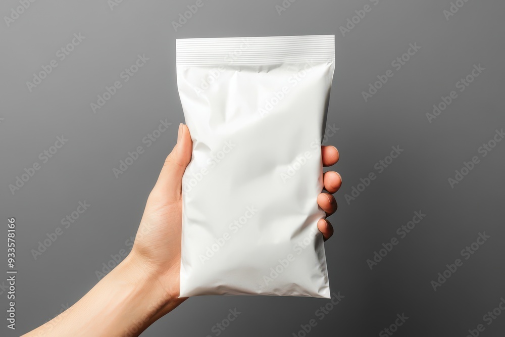 A hand holding a white stand-up pouch with a grey background. A hand holding a white stand-up pouch with a grey background.